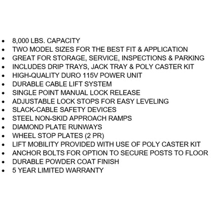 Tuxedo FP8K-DX-XLT 8,000 lb Deluxe Storage Lift Extended Length / Height -...