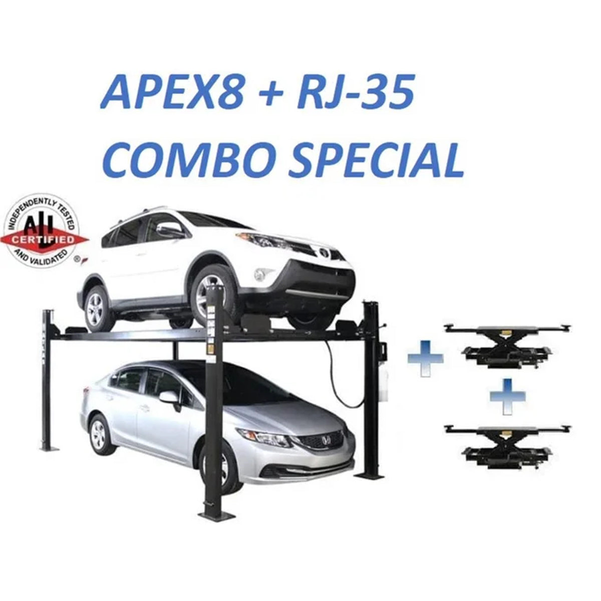 Atlas Equipment ALI Certified APEX 8 4 Post Lift + (2) RJ35 Sliding Jacks Combo