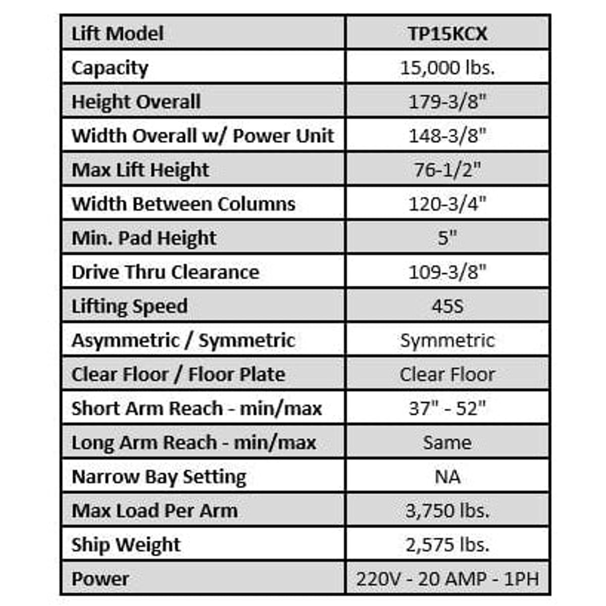 Tuxedo TP15KCX 15,000 lb Heavy Duty Two Post Lift