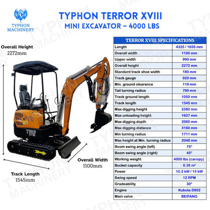 4,000 lbs Terror XVIII Mini Excavator, EPA Certified KUBOTA D902 Diesel Machine