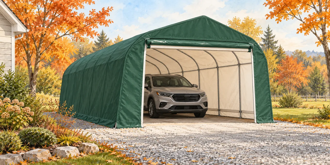 Portable garage illustration with an open front and a vehicle inside