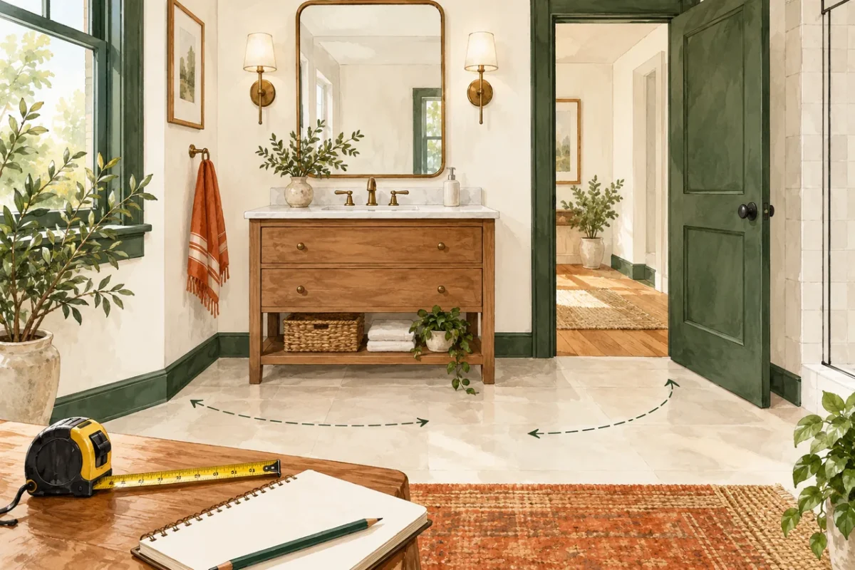 Bathroom vanity planning illustration with basin, mirror and clear floor space