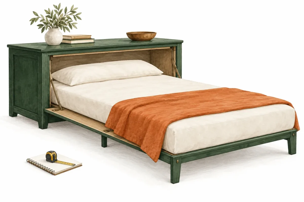 Cabinet bed guest-room illustration showing the unfolded bed and surrounding space