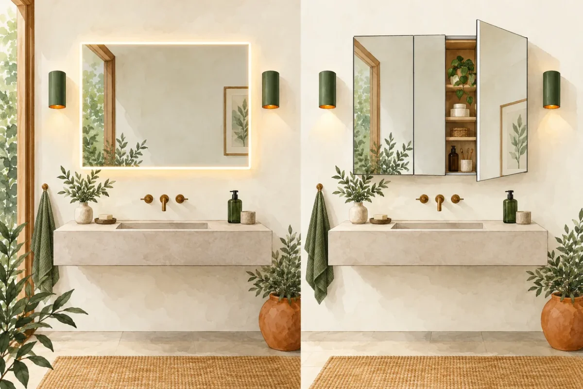 Comparison illustration of an illuminated mirror and an open mirrored medicine cabinet