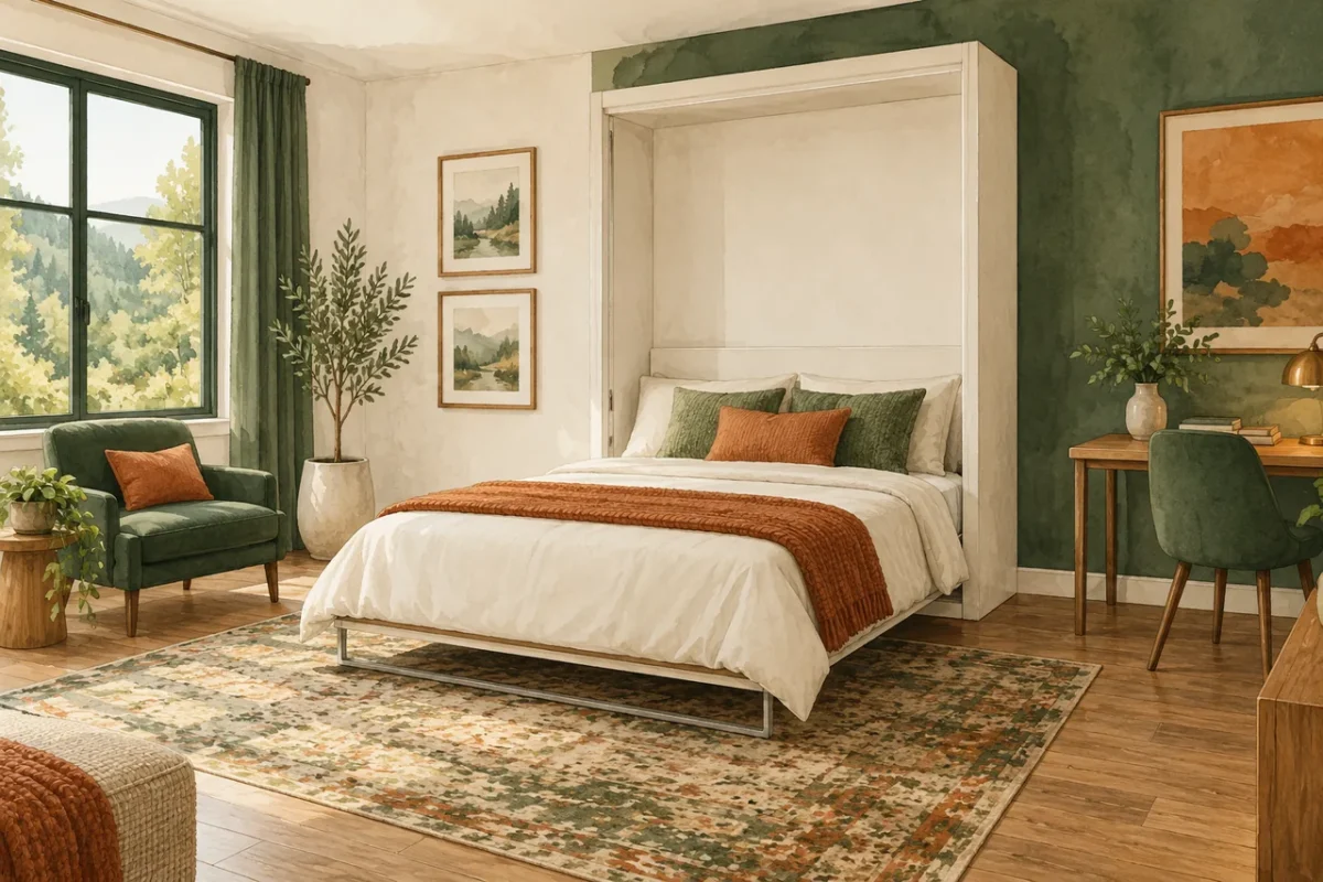 Wall-bed room illustration showing an open bed and a separate desk
