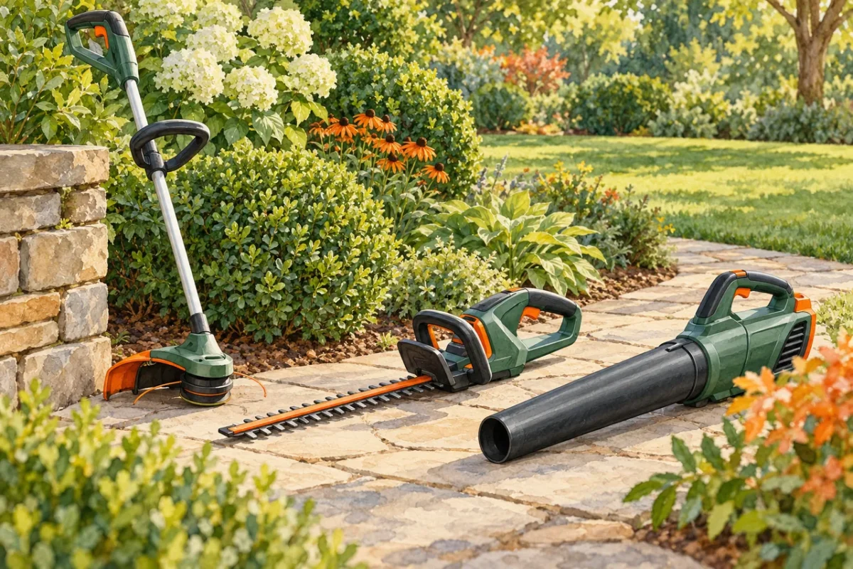 Garden-tool selection illustration with trimmers and a blower beside a path