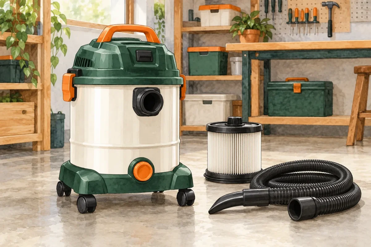 Wet/dry vacuum illustration with its hose and separate filter on a clean workshop floor