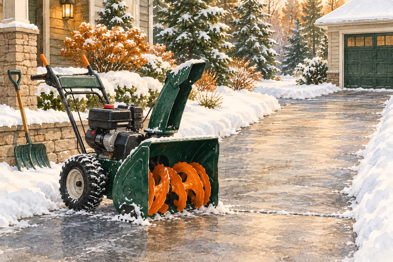 Snow blower illustration beside a residential driveway with light snow