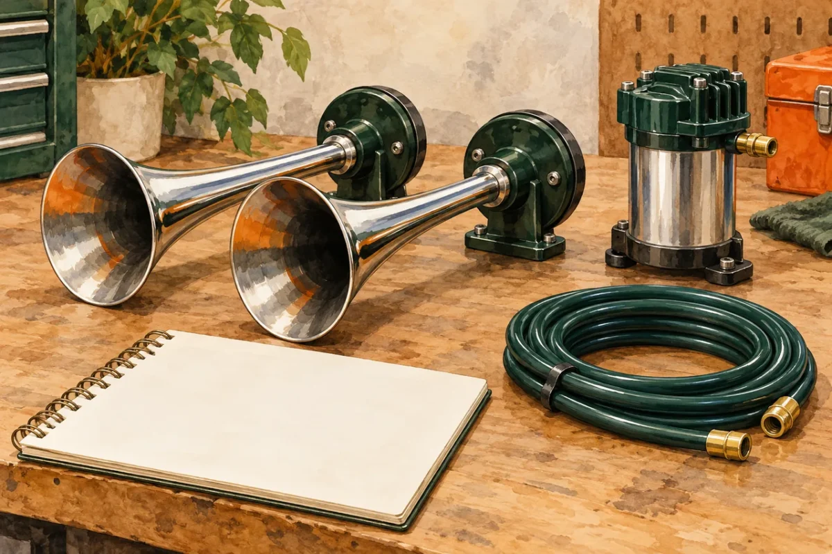 Vehicle horn component illustration with a compressor, hose and fitment notebook