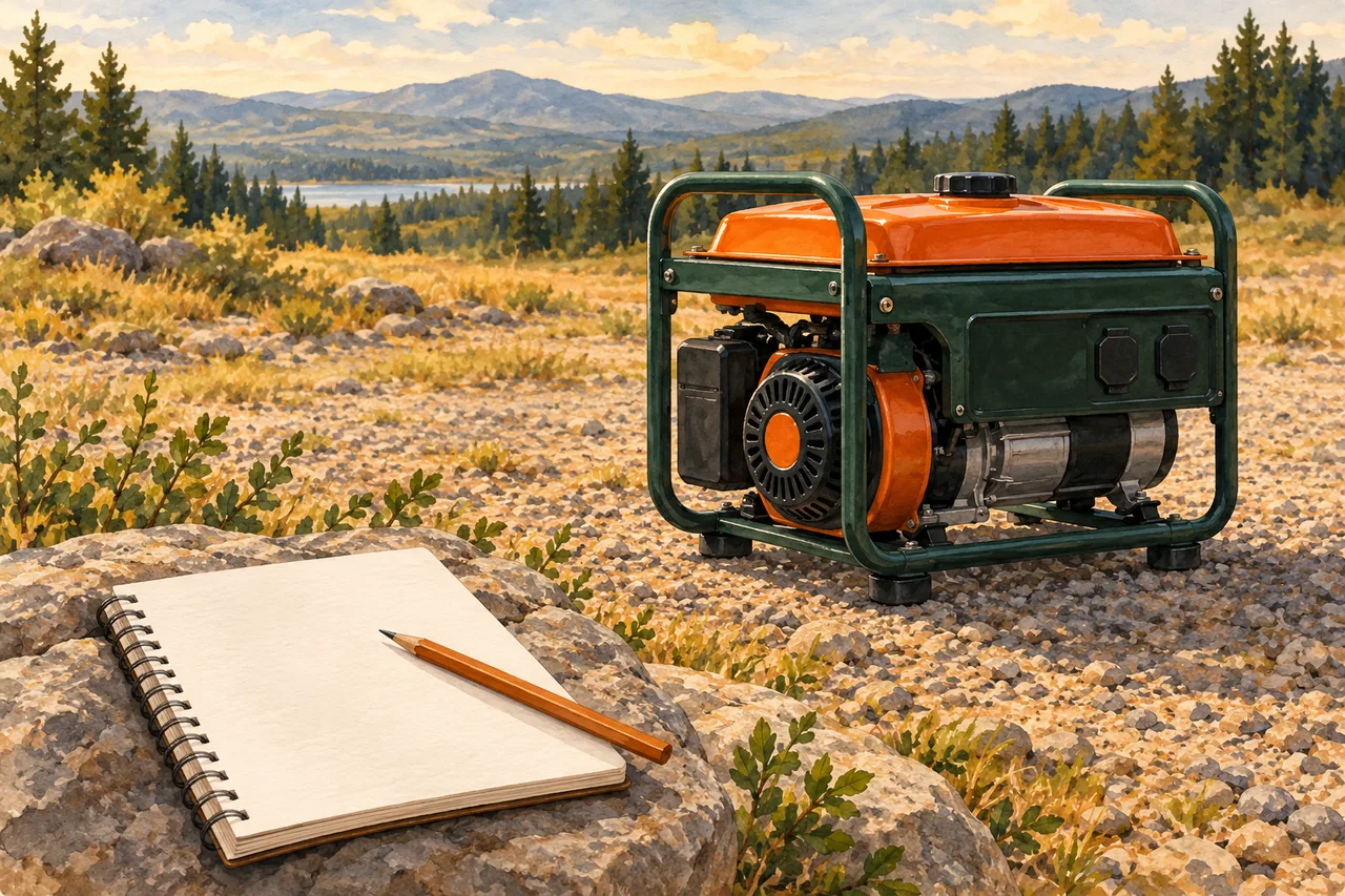 Portable generator illustration in open outdoor space with a separate load-planning notebook