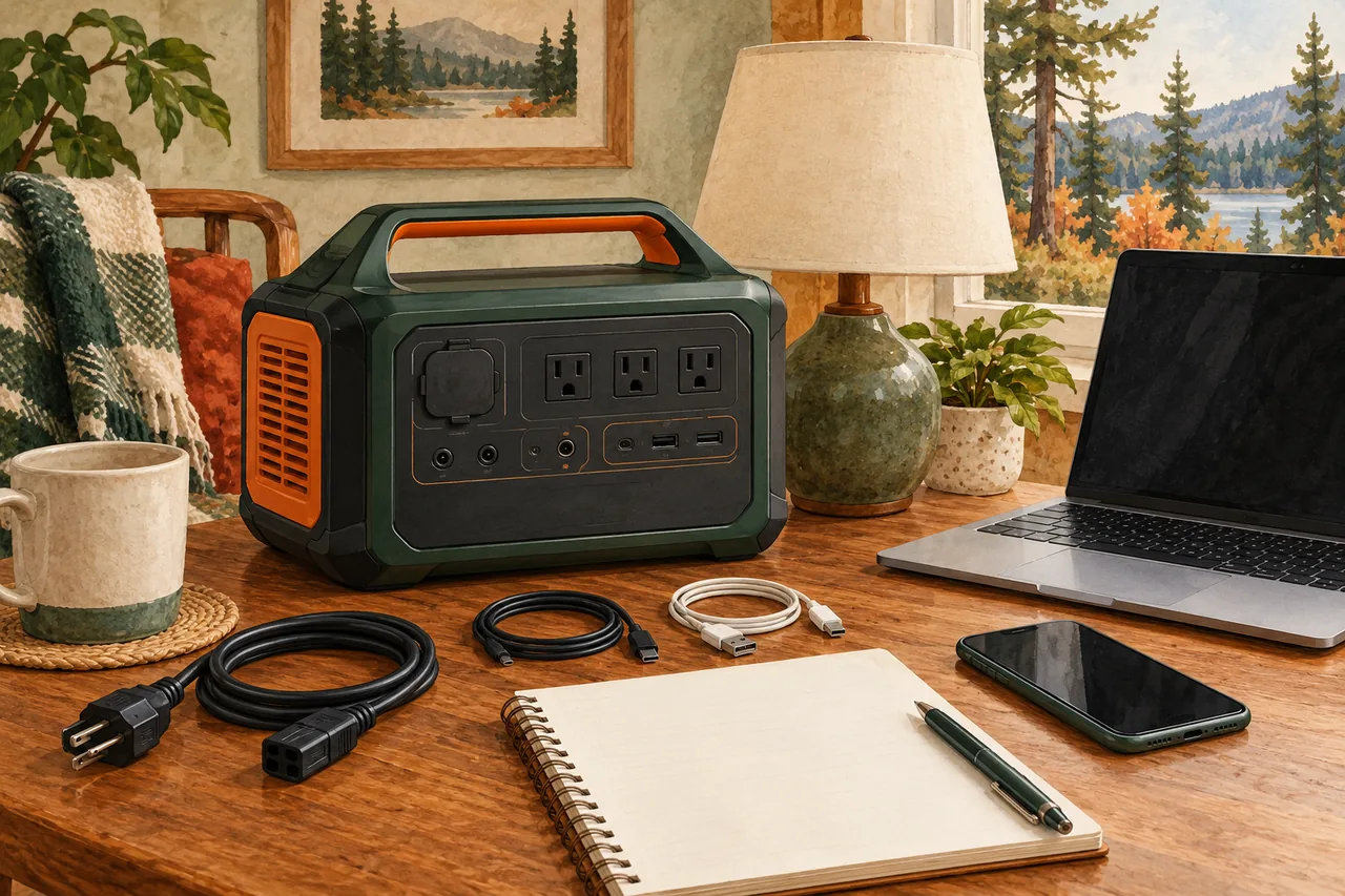 Portable battery power station illustration with a lamp, laptop and phone