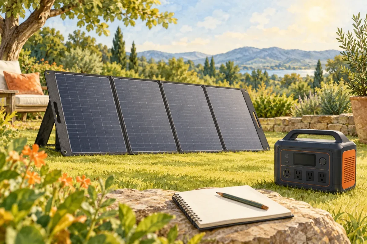 Folding solar panel illustration with a separate battery and compatibility notebook