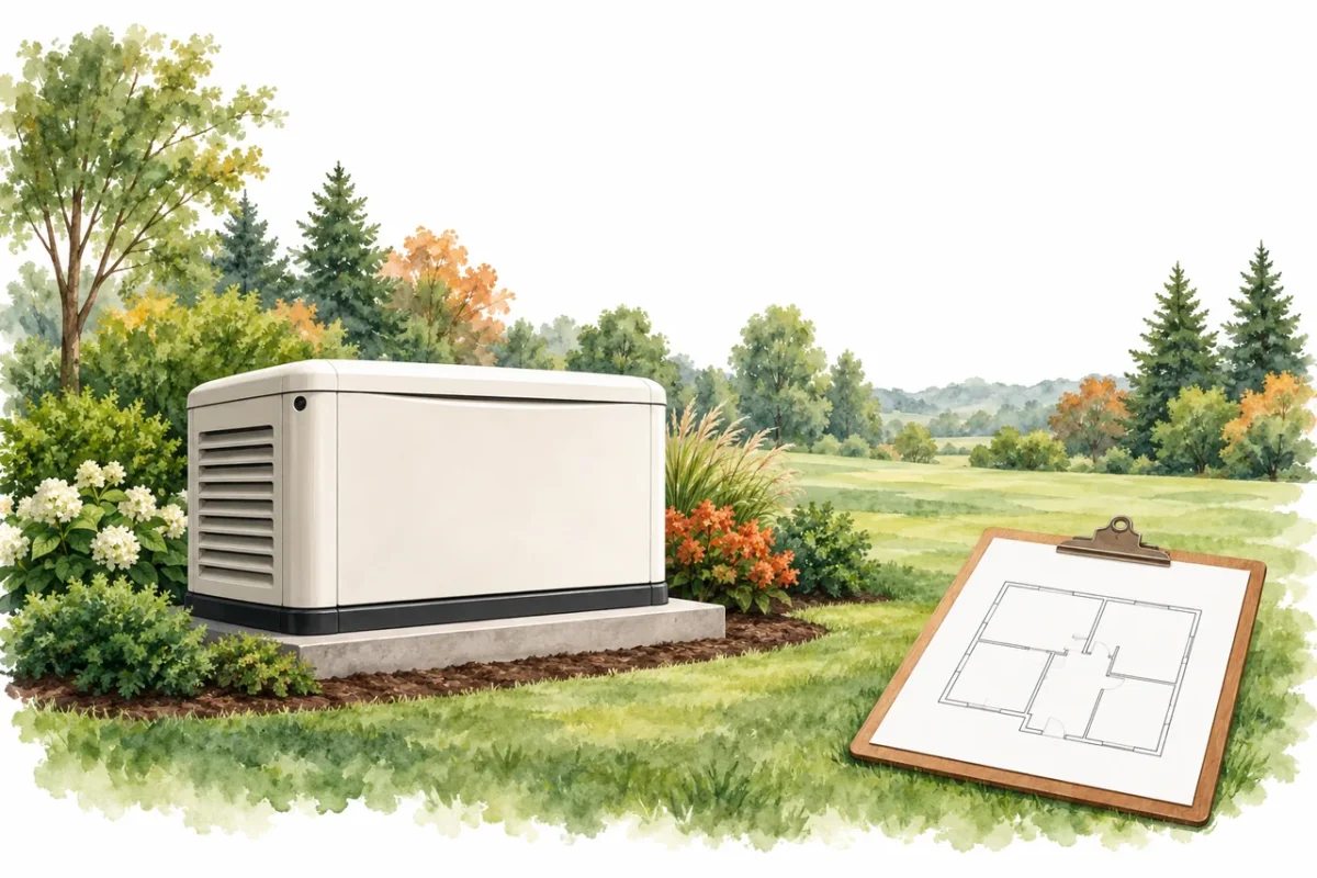 Standby generator concept illustration in open space with a separate planning clipboard