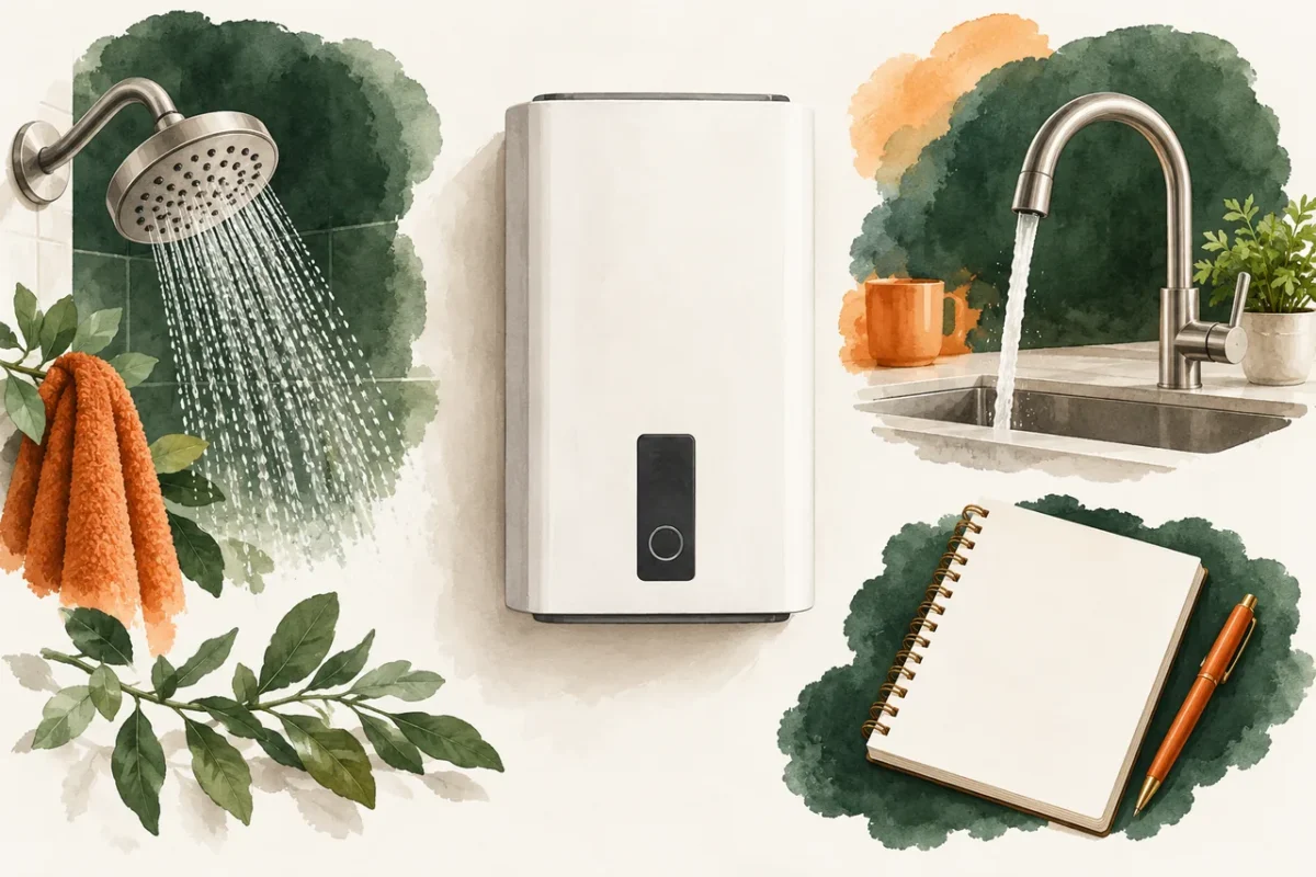 Tankless water heater planning illustration with separate shower and faucet vignettes