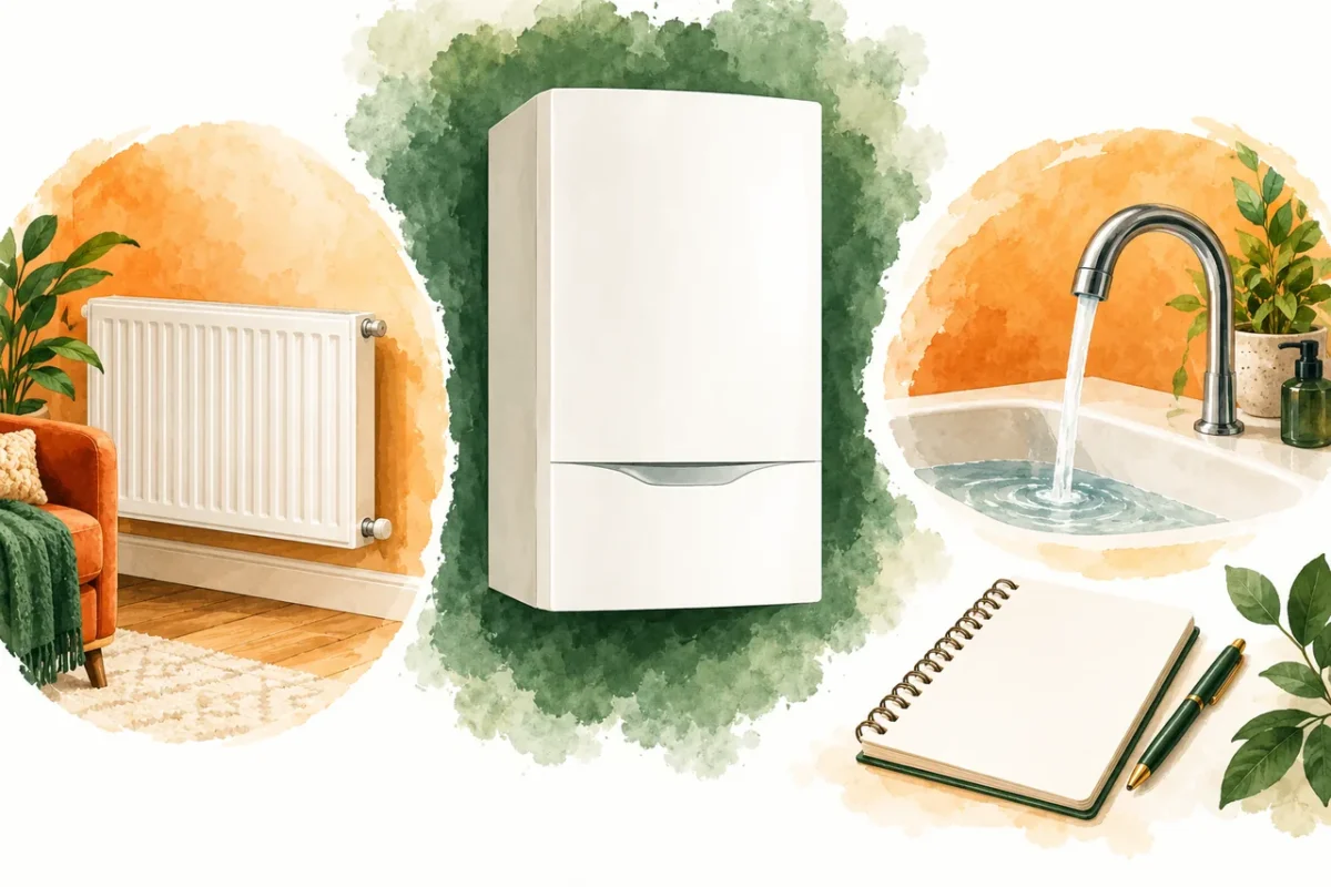 Combi boiler concept illustration with separate radiator and faucet vignettes