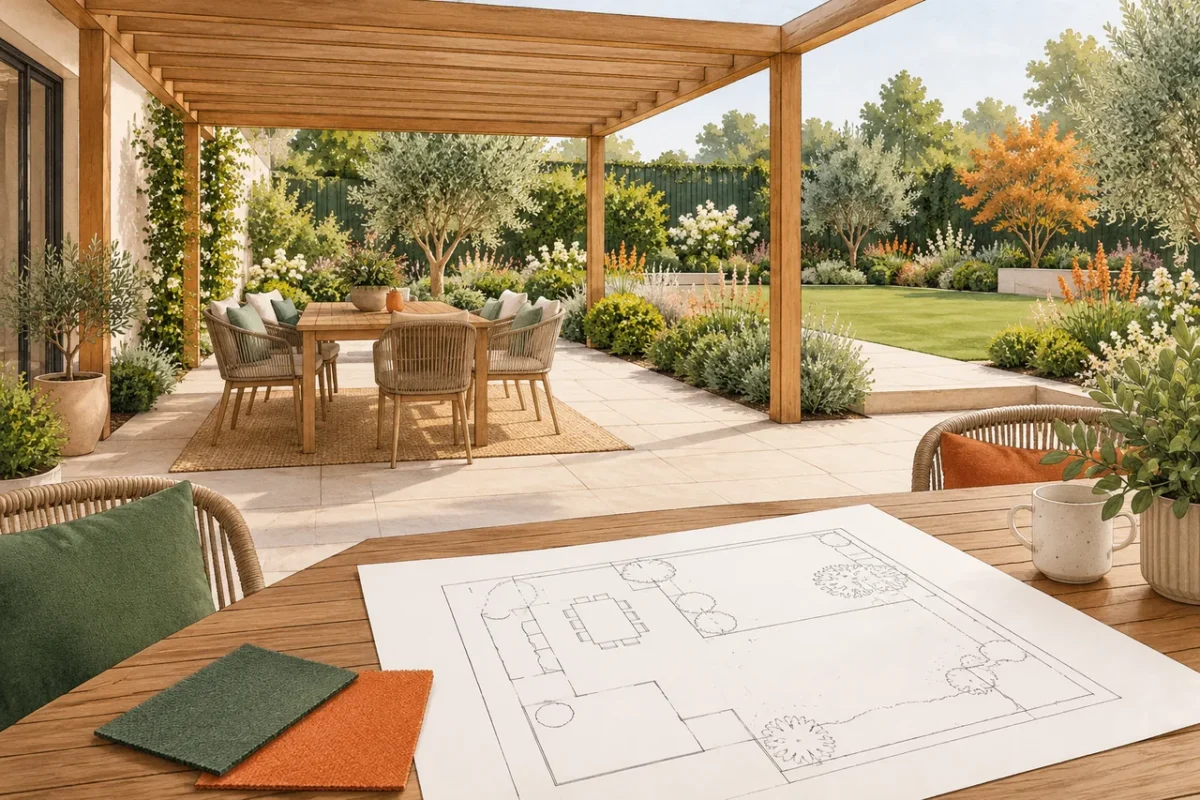 Patio layout illustration with a pergola, dining table and open walkway