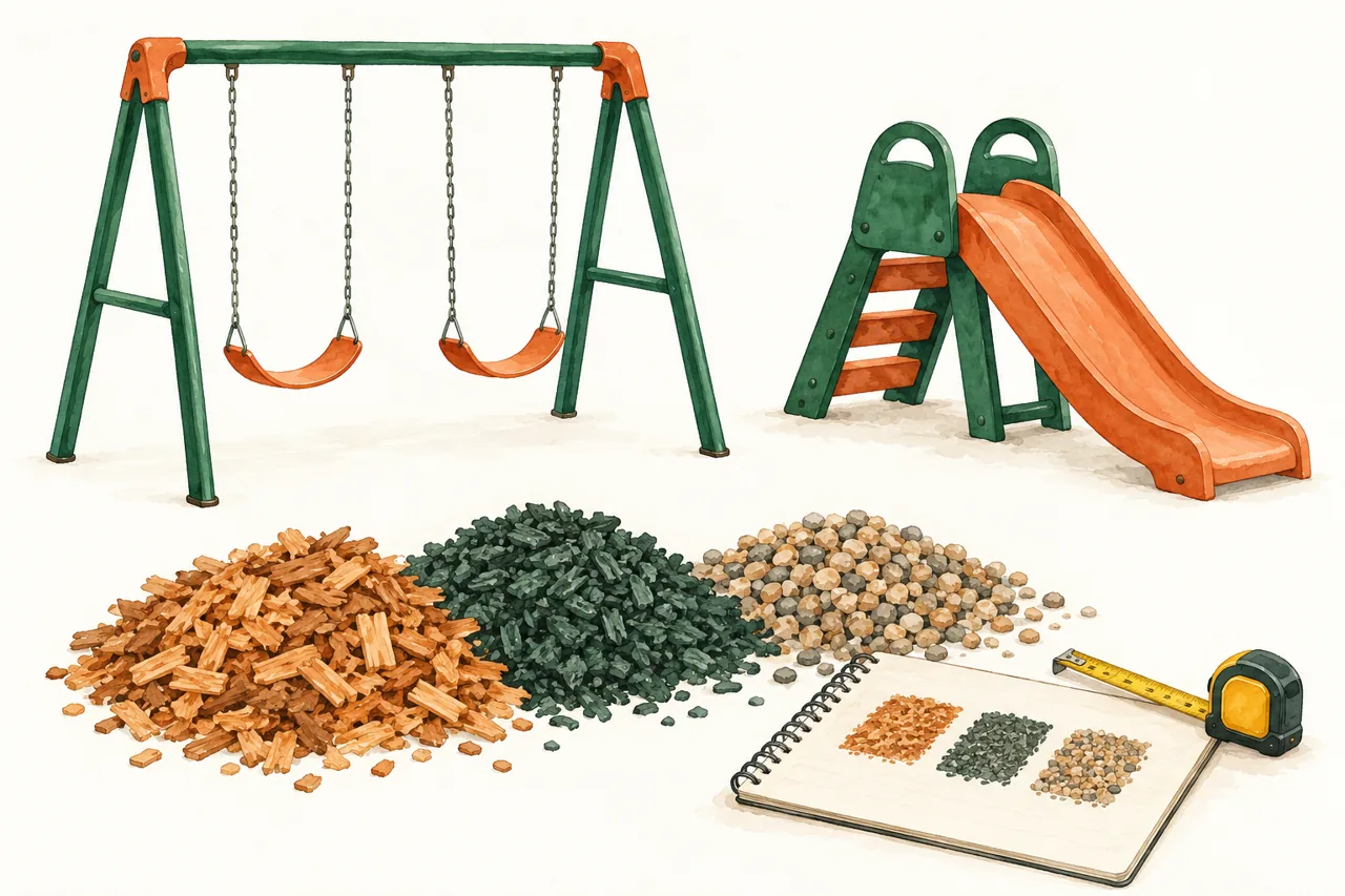 Backyard playset planning illustration with empty swings and a low slide
