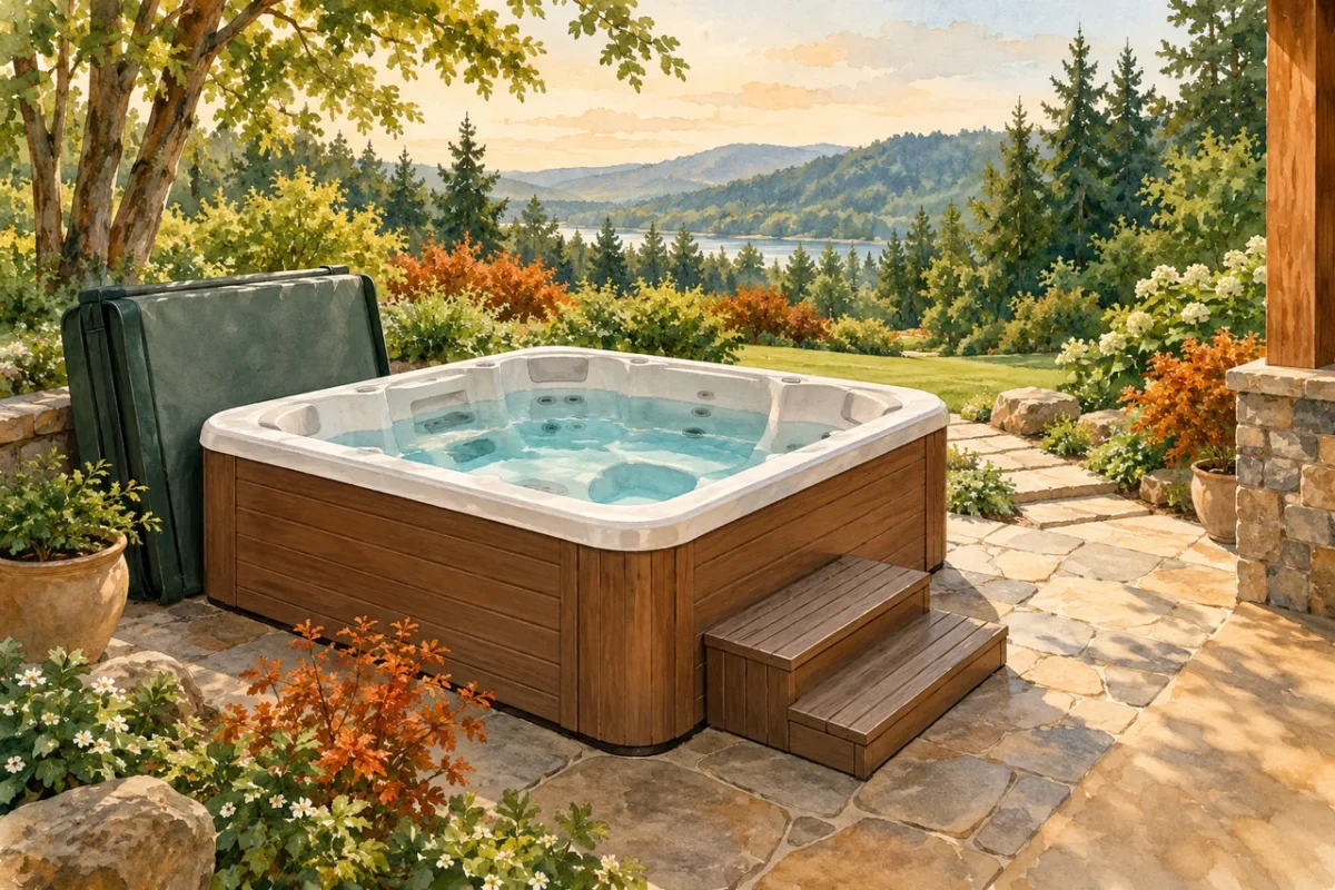 Hot tub planning illustration showing empty seats, a cover and clear access