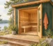 Sauna layout illustration with an open cabin door and empty wooden benches